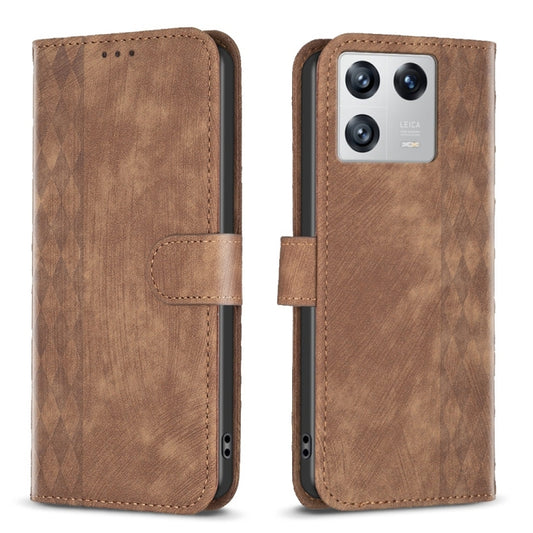 For Xiaomi 13 Plaid Embossed Leather Phone Case(Brown) - 13 Cases by buy2fix | Online Shopping UK | buy2fix