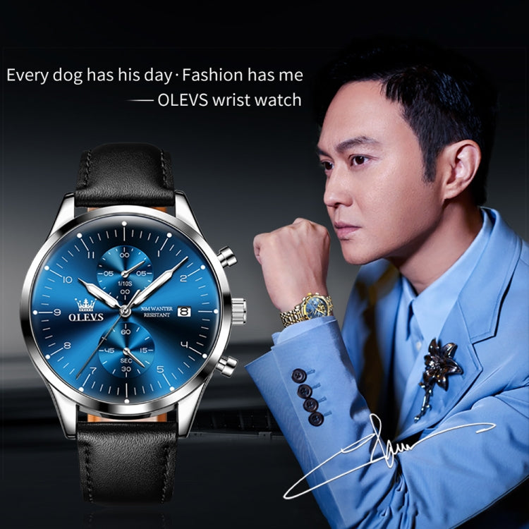 OLEVS 2880 Men Multifunctional Business Waterproof Leather Strap Quartz Watch(Blue) - Leather Strap Watches by OLEVS | Online Shopping UK | buy2fix