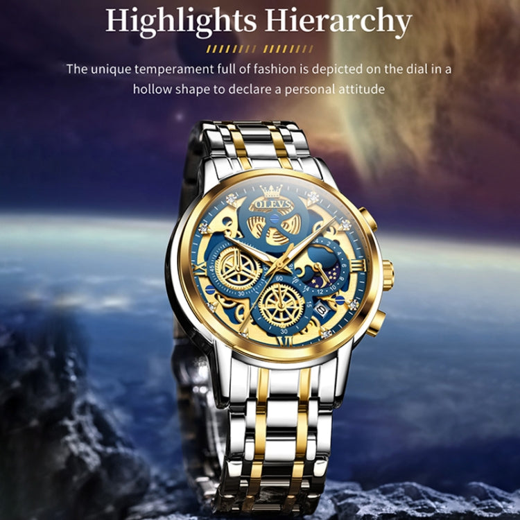 OLEVS 9947 Men Multifunctional Hollow Waterproof Quartz Watch(Blue + Gold) - Metal Strap Watches by OLEVS | Online Shopping UK | buy2fix