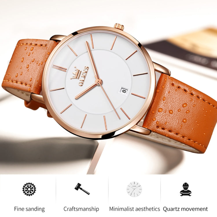 OLEVS 5869 Men Business Waterproof Genuine Leather Strap Quartz Watch(White + Brown) - Leather Strap Watches by OLEVS | Online Shopping UK | buy2fix