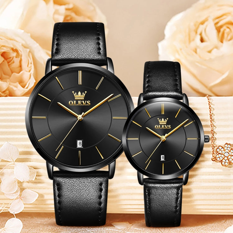 OLEVS 5869 1 Pair Couple Waterproof Genuine Leather Strap Quartz Watch(Black) - Couple Watches by buy2fix | Online Shopping UK | buy2fix