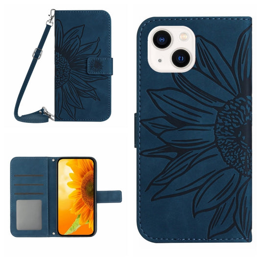 For iPhone 15 Plus Skin Feel Sun Flower Embossed Flip Leather Phone Case with Lanyard(Inky Blue) - iPhone 15 Plus Cases by buy2fix | Online Shopping UK | buy2fix