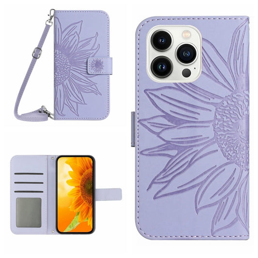 For iPhone 15 Pro Skin Feel Sun Flower Embossed Flip Leather Phone Case with Lanyard(Purple) - iPhone 15 Pro Cases by buy2fix | Online Shopping UK | buy2fix