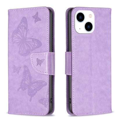 For iPhone 15 Embossing Two Butterflies Pattern Leather Phone Case(Purple) - iPhone 15 Cases by buy2fix | Online Shopping UK | buy2fix