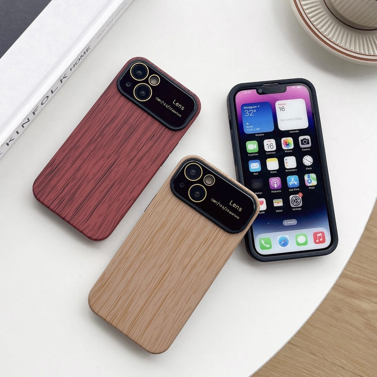 For iPhone 14 Plus Wood Grain TPU Phone Case with Lens Film(Khaki) - iPhone 14 Plus Cases by buy2fix | Online Shopping UK | buy2fix