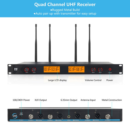 XTUGA A400-HB Professional 4-Channel UHF Wireless Microphone System with 2 Handheld & 2 Headset Microphone(EU Plug) - Microphone by XTUGA | Online Shopping UK | buy2fix