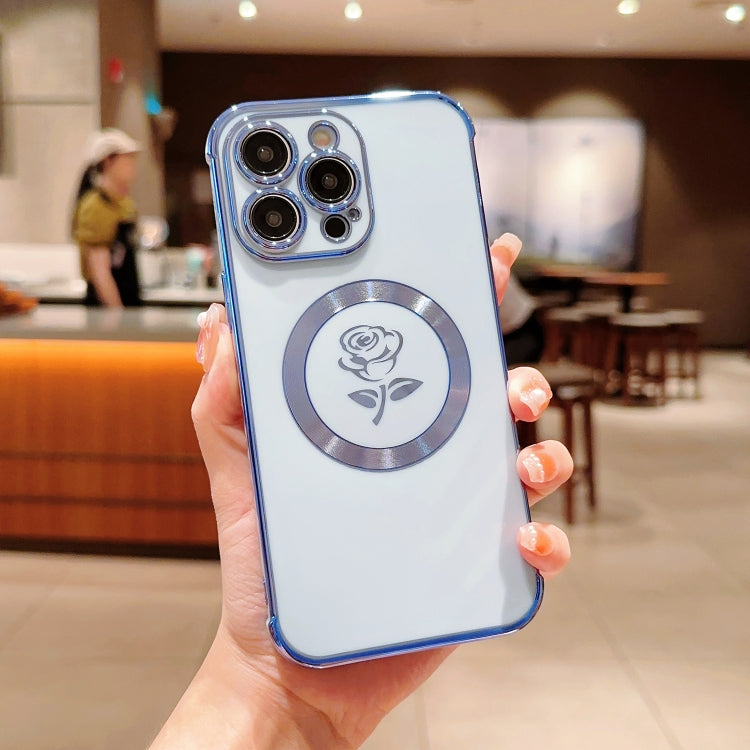 For iPhone 12 Pro Max Electroplate Side Roses Flower MagSafe Phone Case(Blue) - iPhone 12 Pro Max Cases by buy2fix | Online Shopping UK | buy2fix