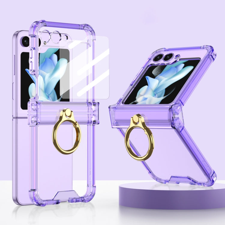 For Samsung Galaxy Z Flip5 Gkk Airbag Hinge Silicone Phone Case with Ring Holder & Tempered Film(Transparent Purple) - Galaxy Z Flip5 Cases by GKK | Online Shopping UK | buy2fix