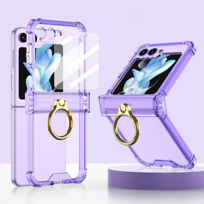For Samsung Galaxy Z Flip5 Gkk Airbag Hinge Silicone Phone Case with Ring Holder & Tempered Film(Transparent Purple) - Galaxy Z Flip5 Cases by GKK | Online Shopping UK | buy2fix