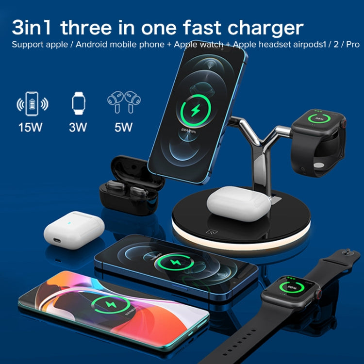 3 in 1 15W Multi-function Magnetic Wireless Charger for Mobile Phones & Apple Watches & AirPods 1 / 2 / Pro, with Colorful LED Light(White) - Apple Accessories by buy2fix | Online Shopping UK | buy2fix