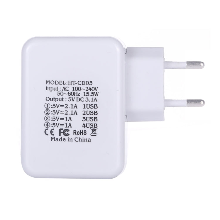 HT-CD03 15.5W 5V 3.1A 4-Port USB Wall Charger Travel Charger, EU Plug (White) - Apple Accessories by buy2fix | Online Shopping UK | buy2fix