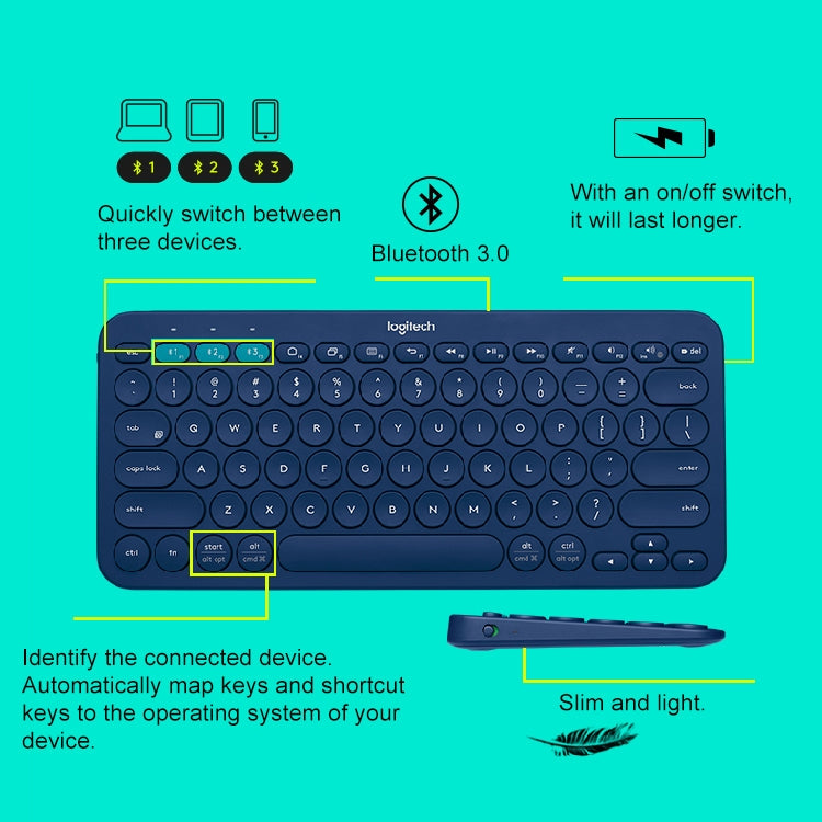 Logitech K380 Portable Multi-Device Wireless Bluetooth Keyboard (Blue) - Wireless Keyboard by Logitech | Online Shopping UK | buy2fix
