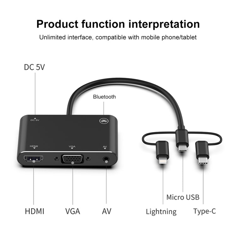 3 in 1 8 Pin + Micro USB + Type-C to AV + HDMI + VGA 15 Pin HD Screen Player Adapter Converter with Audio - Adapter by buy2fix | Online Shopping UK | buy2fix