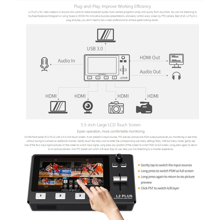 FEELWORLD L2 Plus Multi-camera Video Mixer Switcher with 5.5 inch Screen(UK Plug) - Consumer Electronics by FEELWORLD | Online Shopping UK | buy2fix