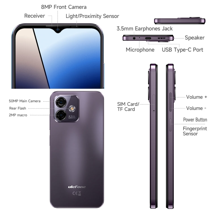 Ulefone Note 16 Pro, 8GB+256GB, Dual Back Cameras, Face ID & Side Fingerprint Identification, 4400mAh Battery, 6.52 inch Android 13 Unisoc T606 Octa Core up to 1.6GHz, Network: 4G, Dual SIM, OTG (Purple) - Ulefone by Ulefone | Online Shopping UK | buy2fix