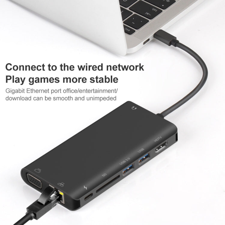 Onten 9591BD 8 in 1 USB-C / Type-C to PD USB-C / Type-C Charging + 100M Ethernet Port + Dual USB 3.0 + HDMI + VGA + SD Card Slot + 3.5mm AUX HUB (Black) - Computer & Networking by Onten | Online Shopping UK | buy2fix