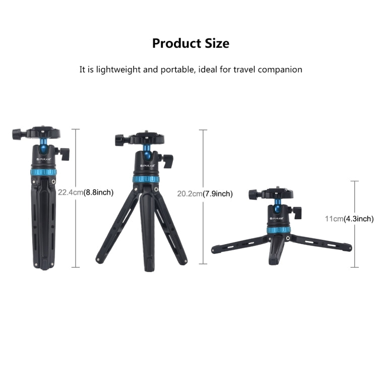 PULUZ Pocket Mini Adjustable Metal Desktop Tripod Mount with 360 Degree Ball Head for DSLR & Digital Cameras, Adjustable Height: 11-20.2cm(Blue) - Tripods by PULUZ | Online Shopping UK | buy2fix