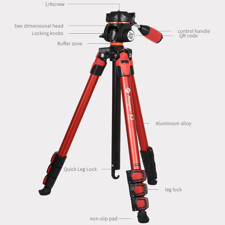 Fotopro S3 4-Section Folding Aluminum Legs Tripod PTZ Stand for SLR / Micro-SLR / Digital Cameras(Orange) - Camera Accessories by Fotopro | Online Shopping UK | buy2fix