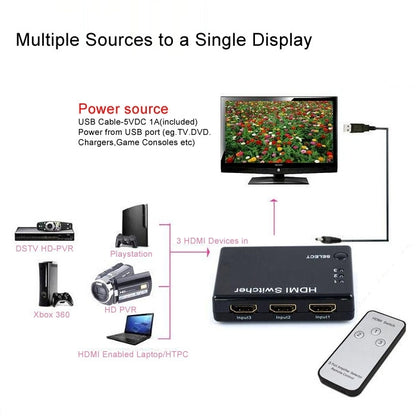 Mini 3x1 HD 1080P HDMI V1.3 Selector with Remote Control for HDTV / STB/ DVD / Projector / DVR - Splitter by buy2fix | Online Shopping UK | buy2fix