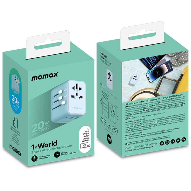 MOMAX UA11 1-World 20W PD Global Travel Fast Charger Power Adapter(Blue) - International Plug Adaptor by MOMAX | Online Shopping UK | buy2fix