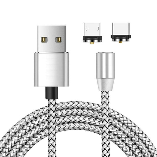 2 in 1 USB to Micro USB + USB-C / Type-C Magnetic Metal Connector Nylon Two-color Braided Magnetic Data Cable, Cable Length: 1m(Silver) - Mobile Accessories by buy2fix | Online Shopping UK | buy2fix