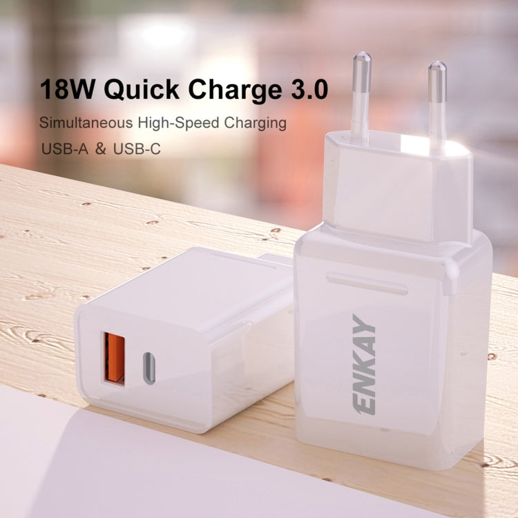 ENKAY Hat-Prince T030 18W 3A PD + QC3.0 Dual USB Fast Charging Power Adapter EU Plug Portable Travel Charger With 1m 3A 8 Pin Cable - Mobile Accessories by ENKAY | Online Shopping UK | buy2fix