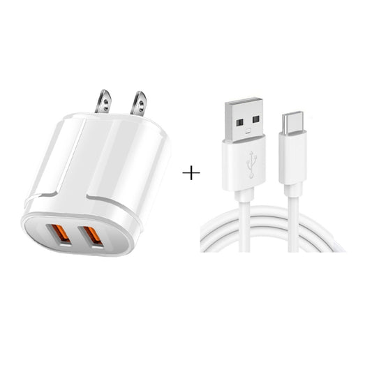 Dual USB Portable Travel Charger + 1 Meter USB to Type-C Data Cable, US Plug(White) - Mobile Accessories by buy2fix | Online Shopping UK | buy2fix