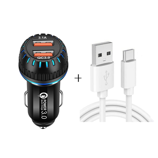 YSY-349 QC3.0 Dual Port USB Car Charger + 3A USB to USB-C / Type-C Data Cable, Length: 1m(Black) - In Car by buy2fix | Online Shopping UK | buy2fix