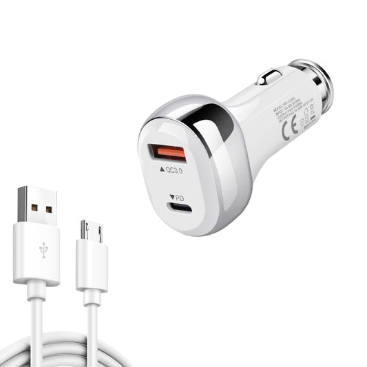 YSY-312PD QC3.0 18W USB + PD 20W USB-C / Type-C Car Charger with USB to Micro USB Data Cable(White) - In Car by buy2fix | Online Shopping UK | buy2fix