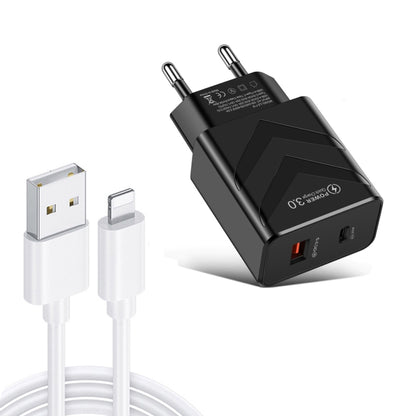 LZ-715 20W PD + QC 3.0 Dual-port Fast Charge Travel Charger with USB to 8 Pin Data Cable, EU Plug(Black) - Apple Accessories by buy2fix | Online Shopping UK | buy2fix