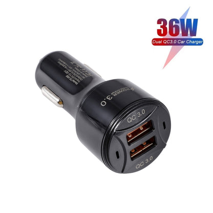 TE-092 36W Dual QC3.0 USB Fast Car Charger + USB to Micro USB Data Cable Set(Black) - In Car by buy2fix | Online Shopping UK | buy2fix