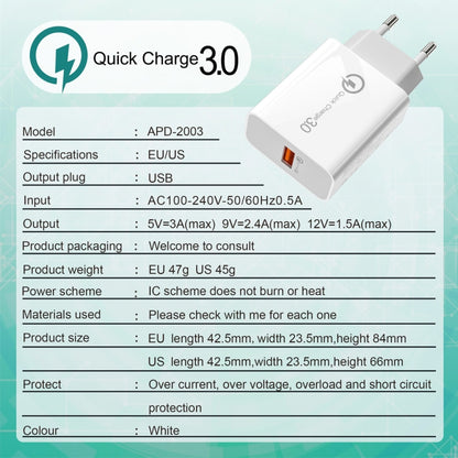 APD-2003 18W QC3.0 Single Port USB Travel Charger for Mobile Phone / Tablet(US Plug) - Mobile Accessories by buy2fix | Online Shopping UK | buy2fix