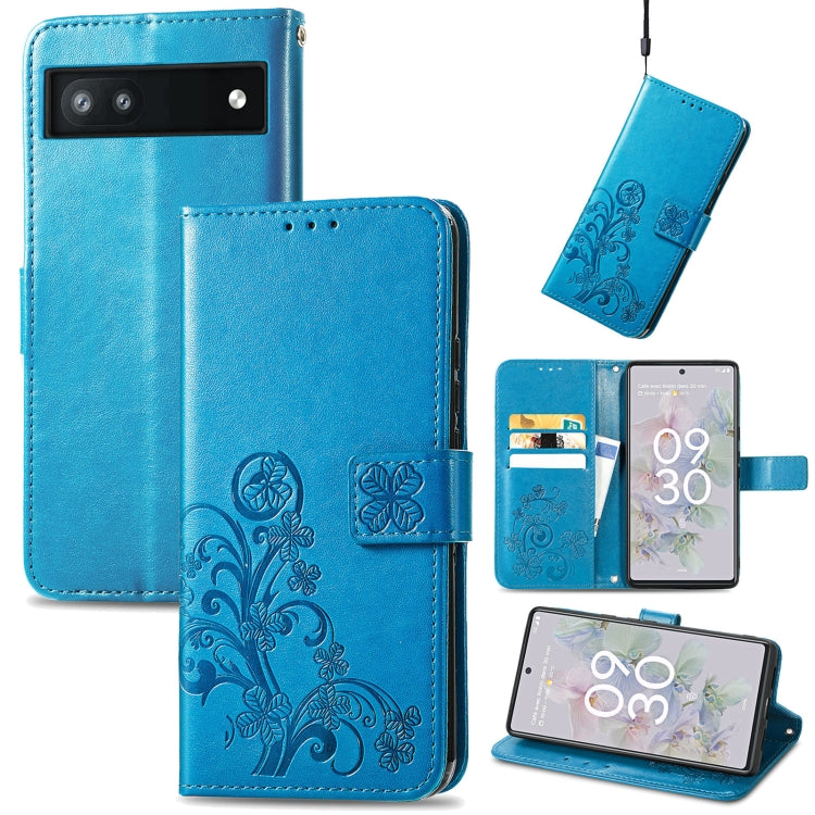 For Google Pixel 6a Four-leaf Clasp Embossed Buckle Leather Phone Case(Blue) - Google Cases by buy2fix | Online Shopping UK | buy2fix