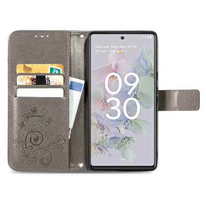 For Google Pixel 6a Four-leaf Clasp Embossed Buckle Leather Phone Case(Gray) - Google Cases by buy2fix | Online Shopping UK | buy2fix