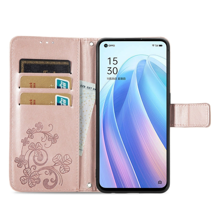 For OPPO Reno7 5G Four-leaf Clasp Embossed Buckle Leather Phone Case(Rose Gold) - OPPO & vivo Accessories by buy2fix | Online Shopping UK | buy2fix