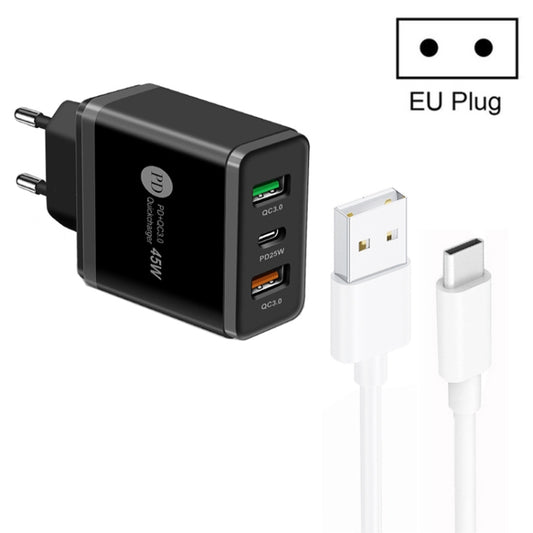 45W PD25W + 2 x QC3.0 USB Multi Port Charger with USB to Type-C Cable, EU Plug(Black) - Mobile Accessories by buy2fix | Online Shopping UK | buy2fix