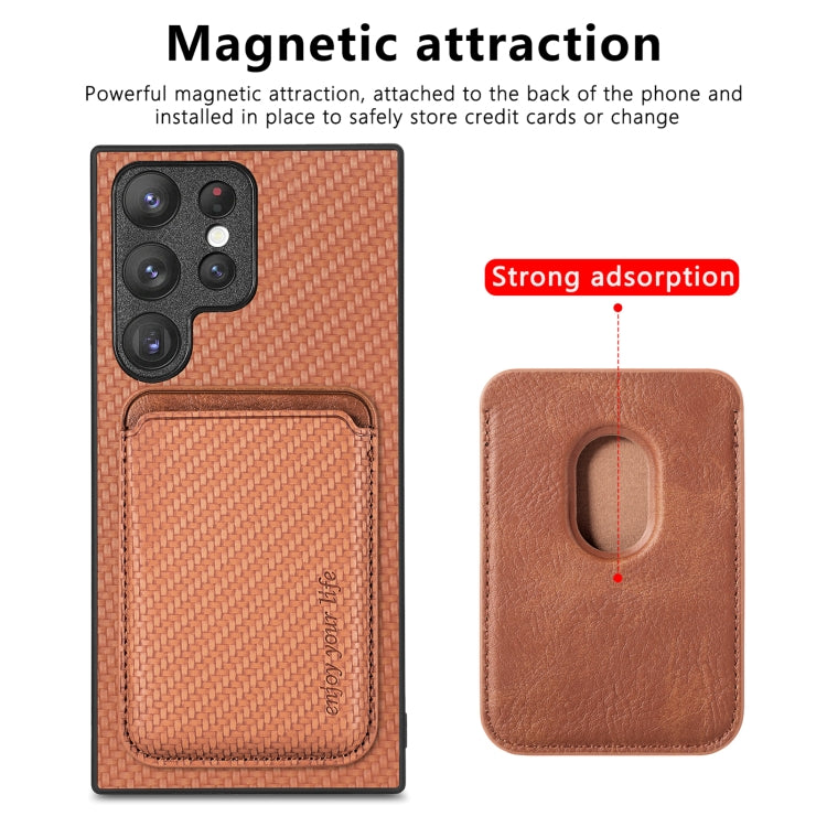 For Samsung Galaxy S22 Ultra 5G Carbon Fiber Leather Card Magsafe Magnetic Phone Case(Brown) - Galaxy S22 Ultra 5G Cases by buy2fix | Online Shopping UK | buy2fix