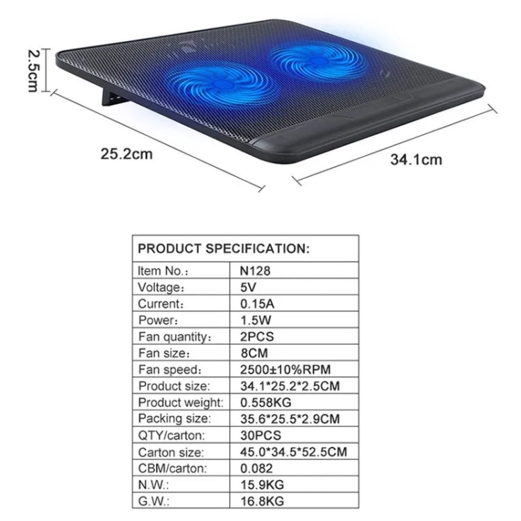 N128 Work Game Dual Fan Laptop Cooling Pad Heat Dissipation Holder with LED Light -  by buy2fix | Online Shopping UK | buy2fix