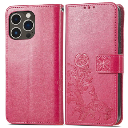 For iPhone 15 Pro Max Four-leaf Clasp Embossed Buckle Leather Phone Case(Magengta) - iPhone 15 Pro Max Cases by buy2fix | Online Shopping UK | buy2fix