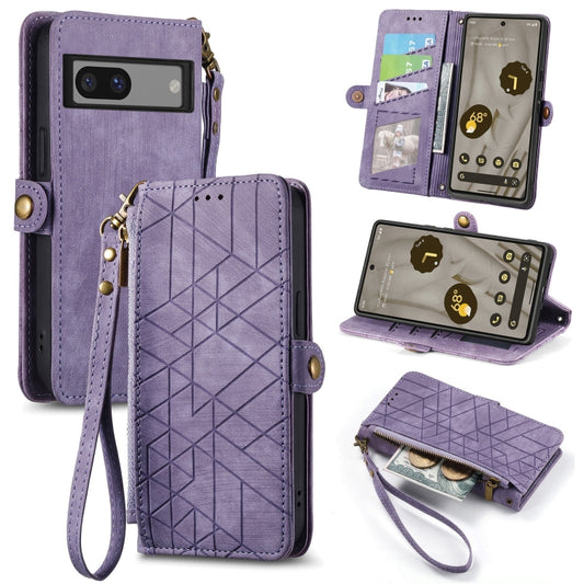 For Google Pixel 7 Geometric Zipper Wallet Side Buckle Leather Phone Case(Purple) - Google Cases by buy2fix | Online Shopping UK | buy2fix