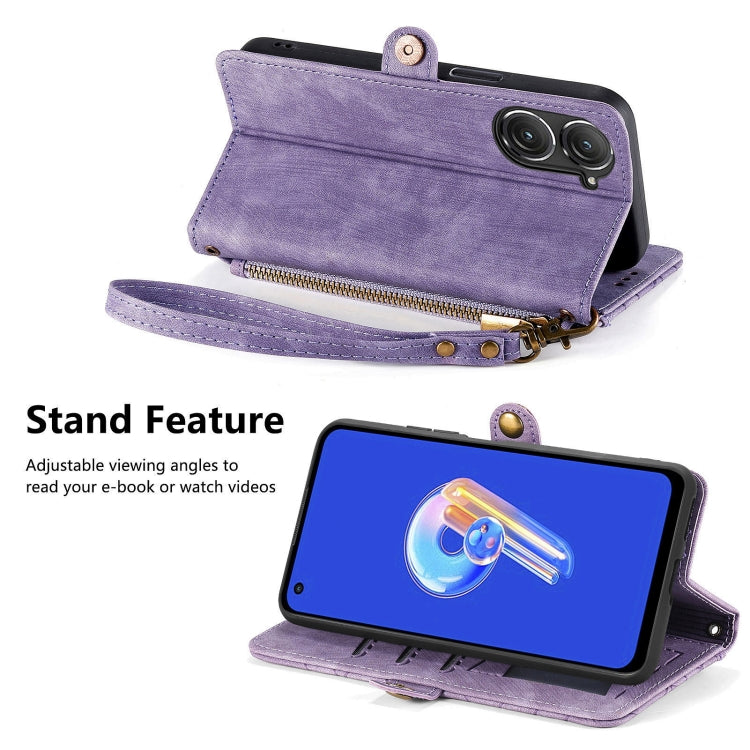 For ASUS Zenfone 10 Geometric Zipper Wallet Side Buckle Leather Phone Case(Purple) - ASUS Cases by buy2fix | Online Shopping UK | buy2fix