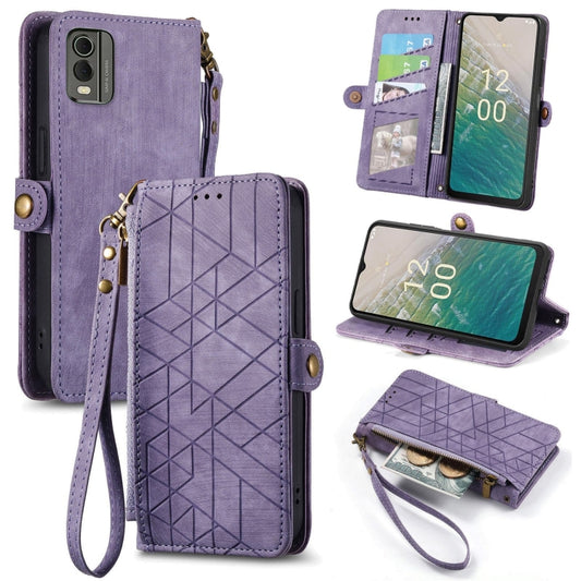 For Nokia C32 Geometric Zipper Wallet Side Buckle Leather Phone Case(Purple) - Nokia Cases by buy2fix | Online Shopping UK | buy2fix
