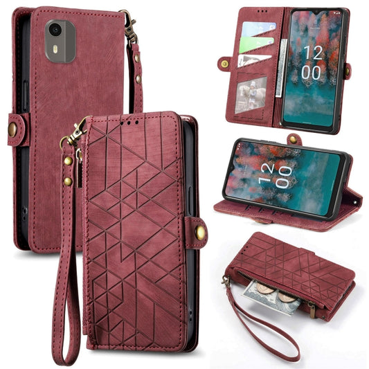 For Nokia C12 Geometric Zipper Wallet Side Buckle Leather Phone Case(Red) - Nokia Cases by buy2fix | Online Shopping UK | buy2fix