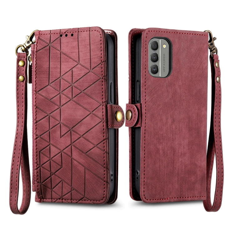 For Nokia G50 5G Geometric Zipper Wallet Side Buckle Leather Phone Case(Red) - Nokia Cases by buy2fix | Online Shopping UK | buy2fix