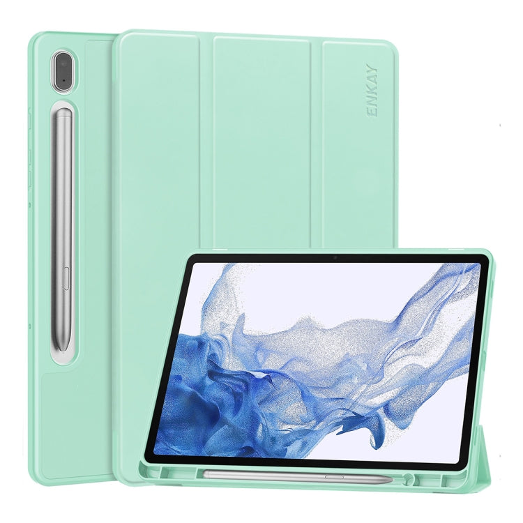 For Samsung Galaxy Tab S9 ENKAY Tri-fold Custer Leather TPU Bottom Smart Case with Pen Slot(Light Green) - Galaxy Tab S9 Cases by ENKAY | Online Shopping UK | buy2fix