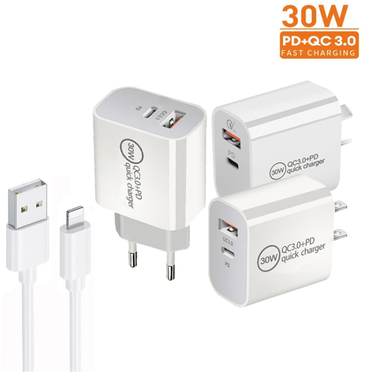 PD30W USB-C / Type-C + QC3.0 USB Dual Port Charger with 1m USB to 8 Pin Data Cable, AU Plug - USB Charger by buy2fix | Online Shopping UK | buy2fix