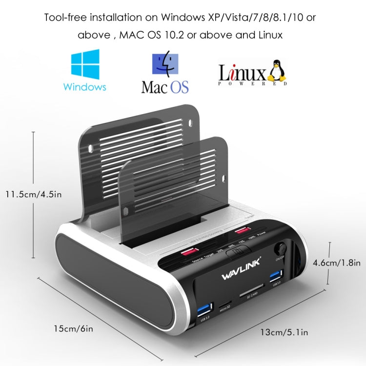 Wavlink ST336A SSD HDD Fast Offline Clone SATA  USB 3.0 External Hard Drive Case(US Plug) - HDD Enclosure by buy2fix | Online Shopping UK | buy2fix