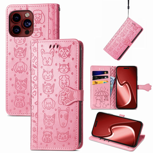 For iPhone 15 Pro Max Cat and Dog Embossed Leather Phone Case(Pink) - iPhone 15 Pro Max Cases by buy2fix | Online Shopping UK | buy2fix