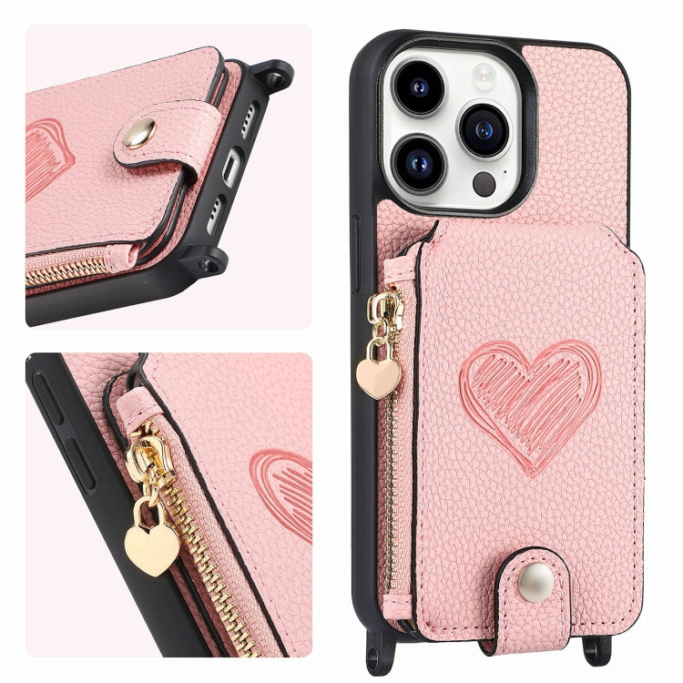 For iPhone 15 Pro Max Crossbody Love Zipper Leather Back Phone Case(Pink) - iPhone 15 Pro Max Cases by buy2fix | Online Shopping UK | buy2fix