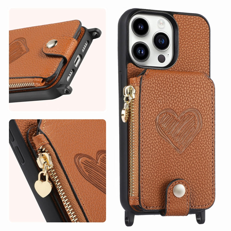 For iPhone 15 Pro Max Crossbody Love Zipper Leather Back Phone Case(Brown) - iPhone 15 Pro Max Cases by buy2fix | Online Shopping UK | buy2fix